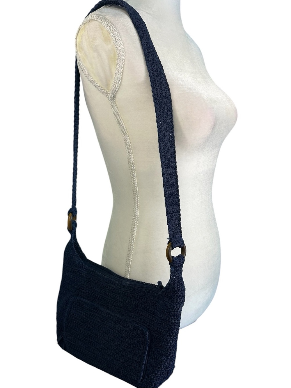 The Sak Navy Blue Crochet Crossbody Bag Beaded Studded Wallet Organizer - Picture 4 of 8